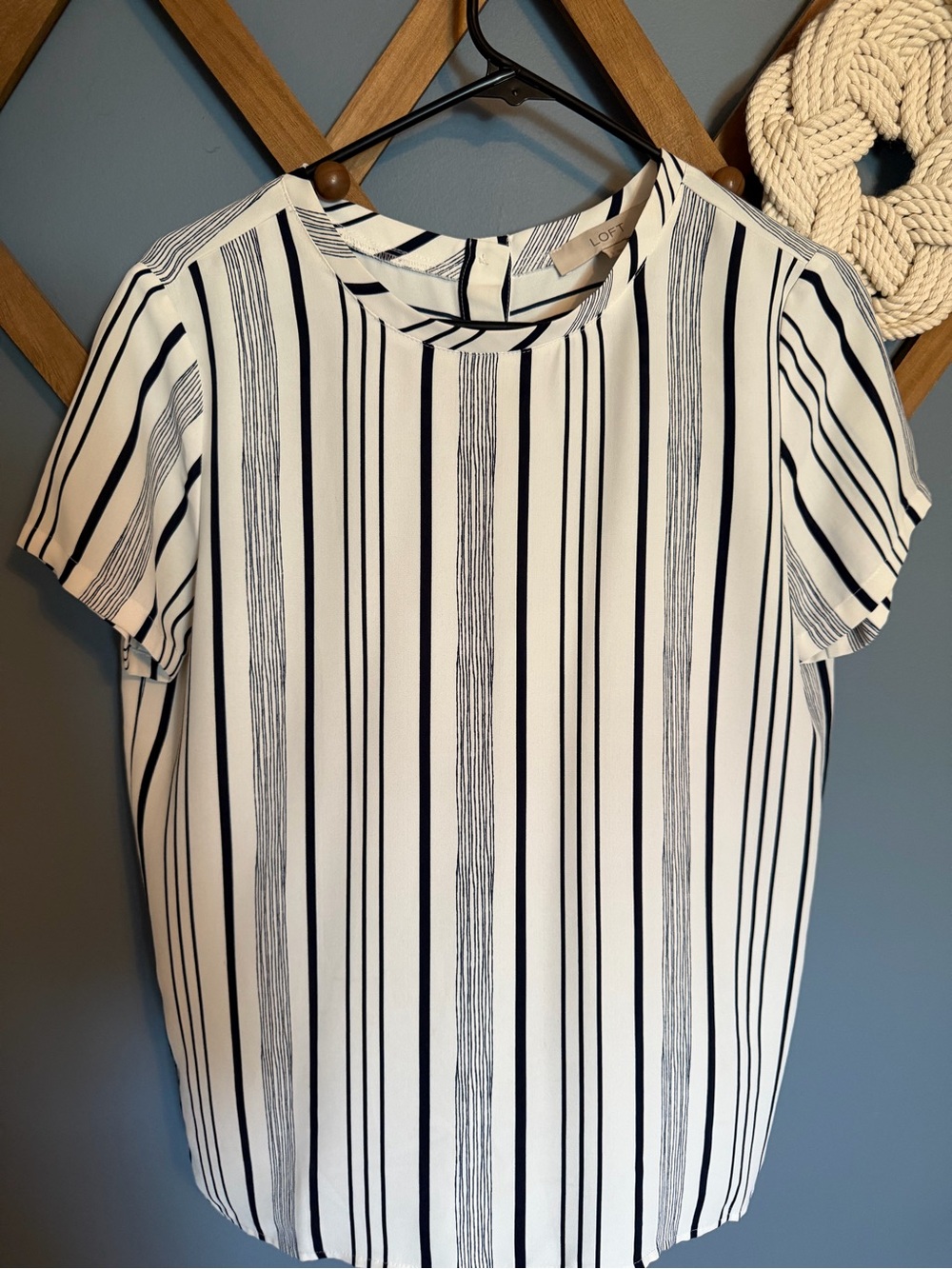LOFT Blue & White Vertical Stripe Short Sleeve Top